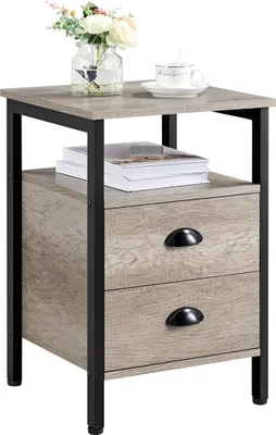 Produktbild von Yaheetech Nachttisch, Nachtkommode, Beistelltisch, Nachtschrank mit Schubladen und Ablage, rustikale Holzoptik, Akzentmöbel, Metallbeine, stabil, Industrie-Design, Grau