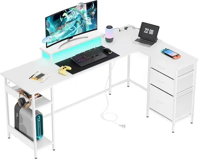 Produktbild von L-förmiger Eckschreibtisch, 168×103 cm, mit Schubladen, Steckdose und USB-Anschluss, geräumiger Computertisch mit Stauraum für Homeoffice