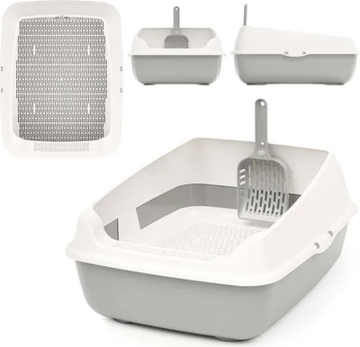 A collage of images showing a gray and white litter box with a scoop.