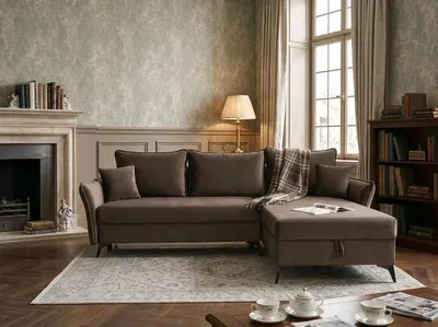 Produktbild von NORDELO Ecksofa mit Schlaffunktion und Bettkasten COSOLETO 262x182x100 cm Taupebraun L-Form Schlafsofa, Velours BLUVEL