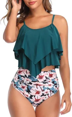 Produktbild von High Waist Damen Tankini Set mit Rüschen-Oberteil und Bedruckter Bikinihose - Elegante Strandkleidung, A001