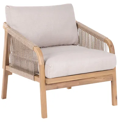 Produktbild von BELIANI Gartensessel Hellbraun Akazienholz u. Flechtseil mit Armlehnen Auflagen Hellbeige Rustikaler Outdoor Holzsessel für Lounge Balkon Terrasse