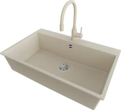 Produktbild von PRIMAGRAN Granitspüle Beige 78x50cm, Spülbecken 1 Becken + Küchenarmatur 38x14cm + Ablauf-Set, Küchenspüle ab 80er Unterschrank - Riga