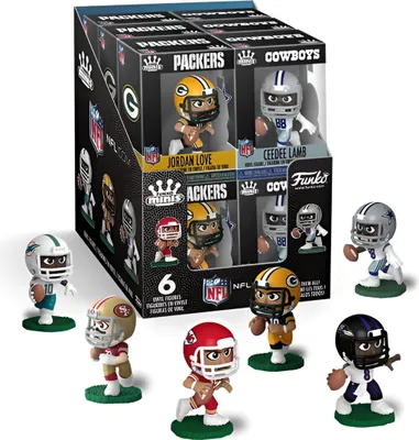 A display box of Funko Pop! NFL Mystery Minis figures, with some figures arranged around it.
