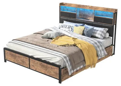 Produktbild von Bett 140x200 cm - Polsterbett - LED Kopfteil mit USB - 4 Schubladen Stauraum - Metallrahmen bis 300 kg - Kunstleder - Schwarz