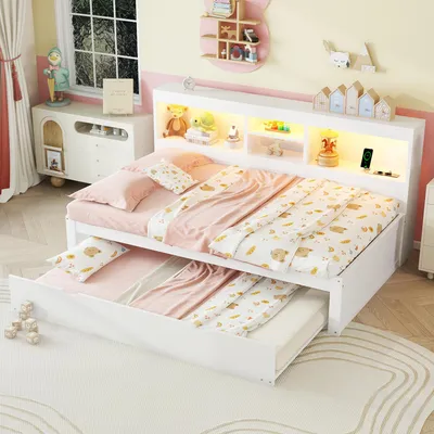 Zdjęcie produktu dla Łóżko dzienne z oświetleniem LED, schowkiem i gniazdem USB, rozkładane, białe 90x200cm