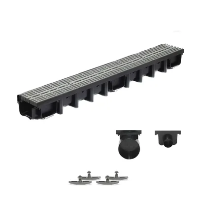 Produktbild von SPEEDPLANT Entwässerungsrinne A15 mit Kunststoffrost Grau Line – 1 m Bodenrinne, 1,5 t Belastbarkeit, Tiefe 98 mm, inkl. Zubehör