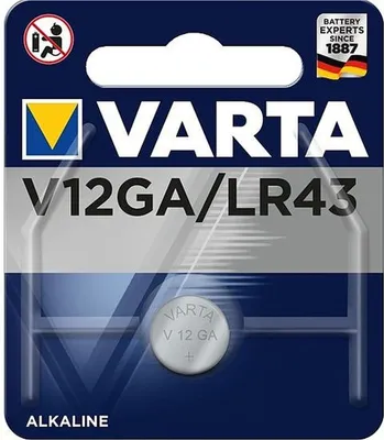 The image shows the packaging of a Varta V12GA LR43 battery.