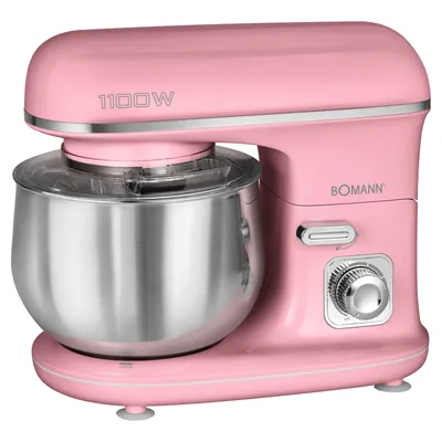 A pink stand mixer with a silver bowl.