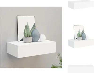 A white floating shelf mounted on a light gray wall, decorated with a framed picture, a potted plant, and two vases.
