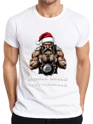 Obrázok produktu pre Jingle Bells Kettlebells Father Christmas Strength Training Gift Pánske tričko, biele, 3XL