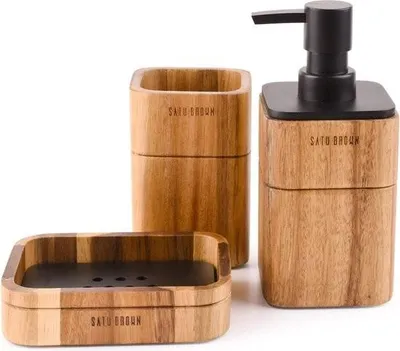 Produktbild von Badezimmer-Accessoire-Set Akazienholz 3-teilig inkl. Badeseifenspender, Badezimmerbecher, Seifenschale Accessoires für die Badezimmerdekoration