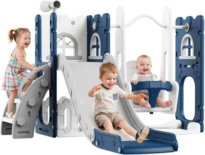 Produktbild von Spielturm mit Rutsche und Schaukel Blau Grau HDPE 144x150x93 cm Garten Aussenbereich