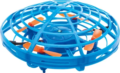 A blue and orange quadcopter drone with a protective cage.