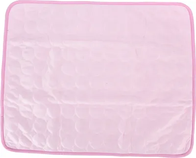 A pink pet cooling mat with a quilted pattern.