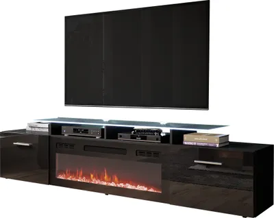 Produktbild von MIRJAN24 TV-Lowboard Rova mit Elektrischem Kamin, Stilvoll TV Schrank (Farbe: Schwarz Matt / Schwarz Hochglanz, mit weißer LED Beleuchtung)