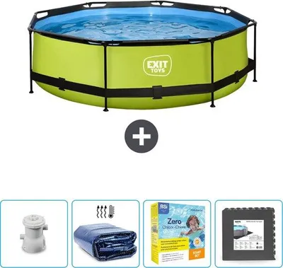 Produktbild von Rundes Schwimmbad Lime Rahmen - 300 x 76 cm - Mit Solar-Schattenrollo - Inklusive Pflegepaket - Keramikfliesen - Jetzt besonders günstig