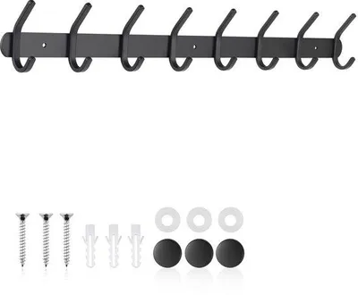 Productafbeelding van Ibenzoa® Wandgarderobe van roestvrij staal – 8 haken, zwart, 55 x 8 x 4 cm, draagvermogen tot 20 kg, ruimtebesparende garderobestang voor jassen, hoeden en tassen