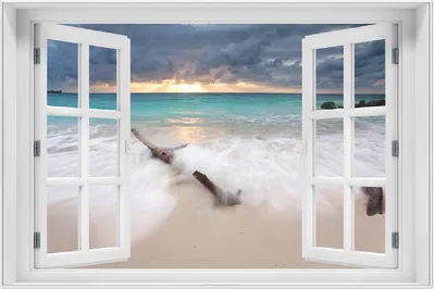 Produktbild von Wallario Wandbild mit Fenster-Illusion: Wellen am Strand bei Sonnenuntergang, Größe: 61 x 91,5 cm, Poster mit weißem Aluminiumrahmen