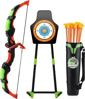 Immagine prodotto di Set arco e frecce per bambini Il set di tiro con l'arco con luci LED contiene 10 frecce con faretra a ventosa e bersaglio in piedi per 3-12 anni