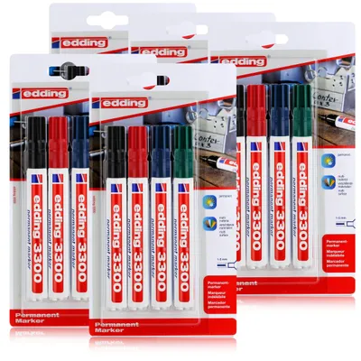 Produktbild von edding 3300 Permanent Marker 4er schwarz, rot, grün, blau 1-5mm (5er Pack)