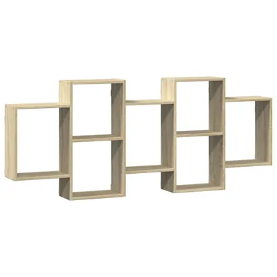 A modular wooden shelf unit against a white background.