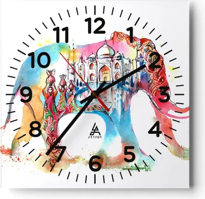 Produktbild von Wanduhr - Quadrat - Glasuhr - Elefant Indien ethnisch Kultur - 40x40cm - Schleichendes Uhrwerk - Lautlos - zum Aufhängen bereit - Dekoration Modern - Wanddekoration aus Glas - C4AC40x40-3037