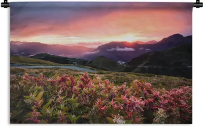 Produktbild von MuchoWow® Wandteppich Wandbehang Blumen - Berge - Landschaft - Nacht - Himmel - Rosa 150x100 cm Tapisserie Dekoration Wandtuch - Waschbar - Tapisserien - Wand-Decke