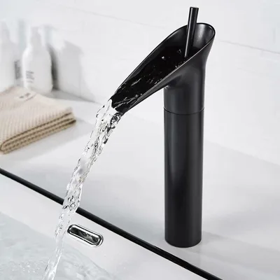 Produktbild von Schwarze Badarmatur, Wasserfall-Badarmatur, schwarzer Waschtischmischer, Retro-Einhebel-Waschtischmischer, Messing-Waschtischarmatur, Handwaschbeckenarmatur