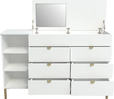 Produktbild von Kommode mit 6 Schubladen, 3 Fächern & 1 Staufach - Mit Spiegel - Weiß & Goldfarben - ONISHA