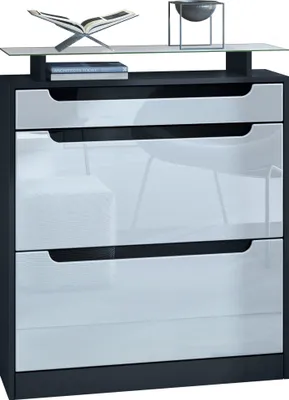 Produktbild von Vladon Schuhschrank Fiesta, Schwarz matt/Weiß Hochglanz/Schwarz Hochglanz - Schuhkipper für 16 Paar Schuhe (89 x 104 x 23 cm)