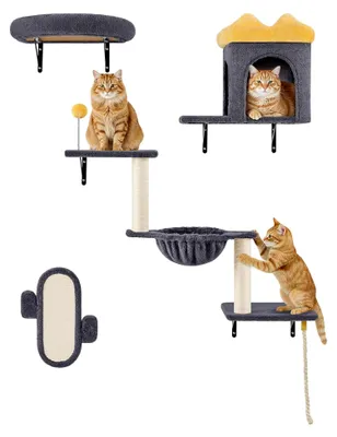 Produktbild von Kletterwand für Katzen, Set mit Katzenhaus, Kratzbaum, Katzenkorb und Plattformen, Wandelemente für kleine bis mittelgroße Katzen bis 10 kg, Dunkelgrau