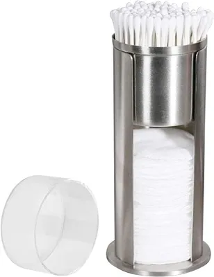Obrázek produktu pro Dávkovač vatových tamponů 2 v 1, držák na vatové tyčinky, dávkovač na vatové tampony pro make-up, skleněné dózy z nerezové oceli, kosmetické vatové tampony s akrylovým víkem, vhodné do koupelny