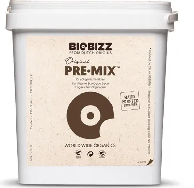 A white plastic tub of Biobizz Pre-Mix dry organic fertilizer.