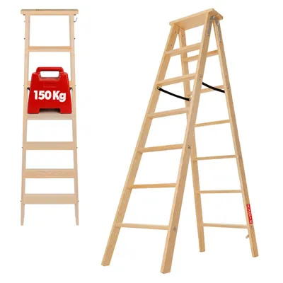Image de KADAX Escabeau en bois, télescopique, 2x7 marches, pliable, double face