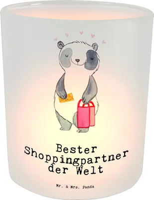 Produktbild von Mr. & Mrs. Panda Teelichthalter Panda Bester Shoppingpartner der Welt - Transparent - Geschenk, Windlicht Glas, Partner, Freundin, Geschenkidee, Kerzenhalter, Queen, aus