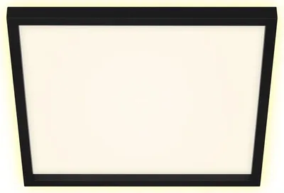 A close-up, front-facing view of a black framed LED ceiling light with a white diffuser.