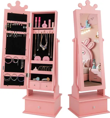 Produktbild von GOPLUS 2-in-1 Kinder Schmuckschrank mit Kronen, Kosmetikschrank mit Ganzkörperspiegel, 18 Ohrringschlitzen, 6 Armbandhaken etc. für Kinder ab 3 Jahren