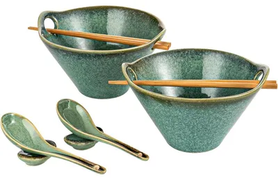 Immagine prodotto di Set di ciotole per ramen in Vetroceramica, 2 pezzi, capacità 780 ml, con bacchette, cucchiaio e posapentole, colore verde lucido