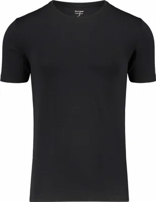 A black t-shirt is shown on a white background.