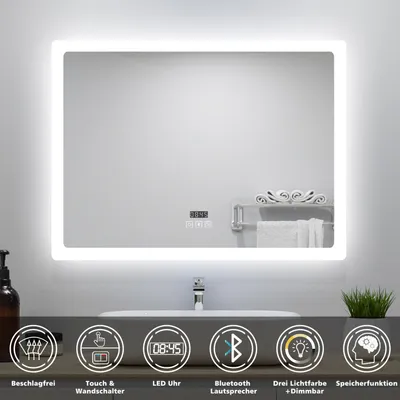 Produktbild von AICA LED Wandspiegel 70x50cm mit Bluetooth Uhr und Beschlagfrei Badspiegel 3 Lichtfarbe 3000K/4500K/6000K Dimmbar IP44