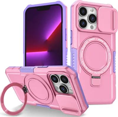 Produktbild von Handyhülle für iPhone 13 Pro Kompatibel mit MagSafe, Robuste Hülle mit Schiebe Kamera Schutz, Magnetischer Ringständer Pink