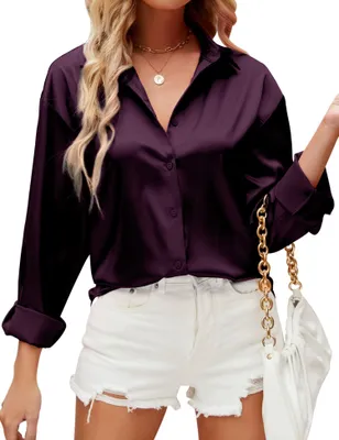 Zdjęcie produktu dla Bluzka damska, długie rękawy, elegancki satynowy top, fioletowy, casual
