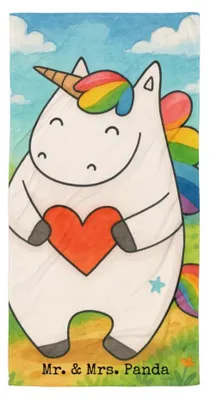 Produktbild von Mr. & Mrs. Panda Badehandtuch Einhorn Herz Design - Weiß - Geschenk, Strandtuch, Einhörner, Handtuch, Reisehandtuch, Unicorn, böse, Duschtuch, Freundin, Großes
