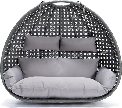 A hanging egg chair with cushions, presented against a white background.