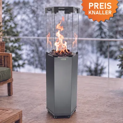 Produktbild von BRAST Gasheizer Gasheizstrahler FLAME | 2-stufige Heizleistung 4 oder 8 kW | 6-seitiges Feuerglas | inkl. XL Zubehör-Set | Piezo-Zündung | Terrassenheizer für Gasflaschen bis 13kg | Anthrazit
