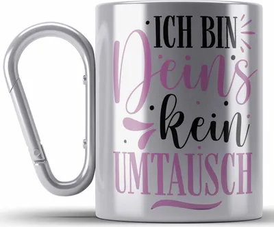 Produktbild von Trendation -  Edelstahl Tasse Karabiner für Freund Geschenk mit Sprüchen Valentinstag Karabiner Edelstahl Tasse Karabiner Edelstahl Spruch Ich Bin Deins (Silber)