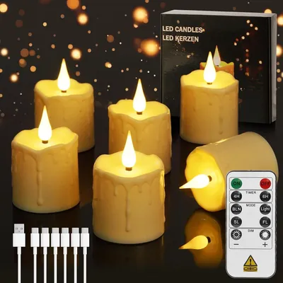 Zdjęcie produktu dla Ładowalne świeczki LED z pilotem, zestaw 6 sztuk, zasilane bateriami, z funkcją timera i kablem USB