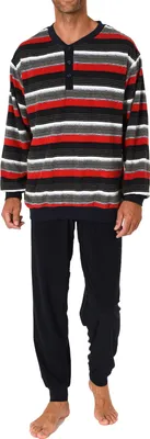 Produktbild von Eleganter Herren Frottee Pyjama langarm Schlafanzug mit Bündchen und Knopfleiste am Hals ; rot , 50