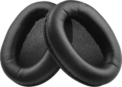 Two black ear pads for headphones.